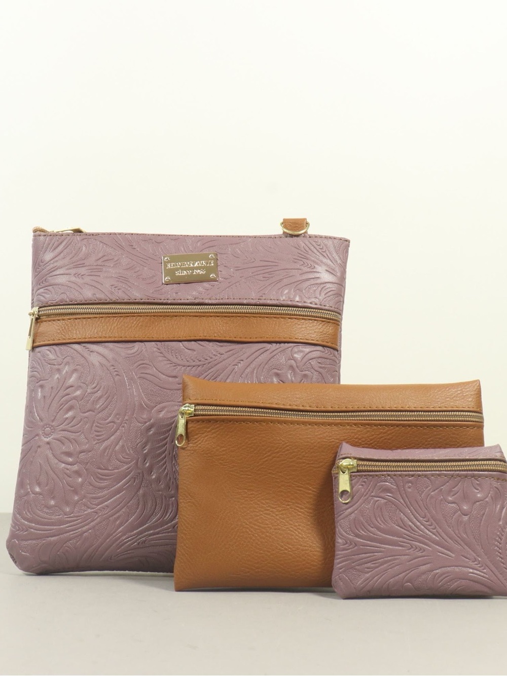 Lavender & Tan Embossed Crossbody Set